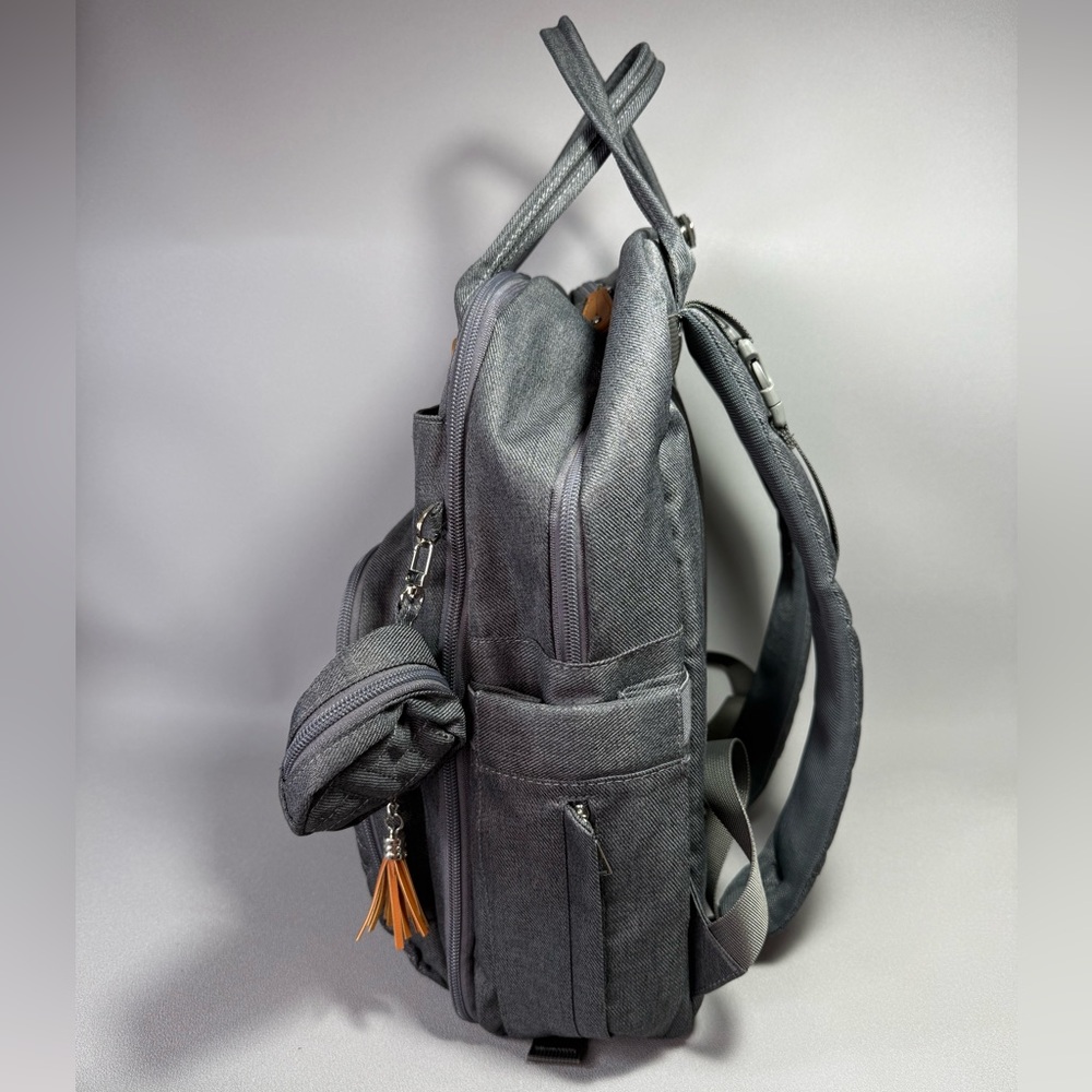 Dikaslon Chic Quilted Gray Backpack Diaper Bag with Tan Accents - Picture 3 of 13